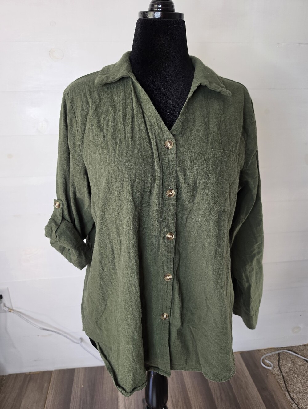 Hotouch Olive Green Cotton Roll-Tab Shirt. Earthcore Cabincore Granola Chic. XXL